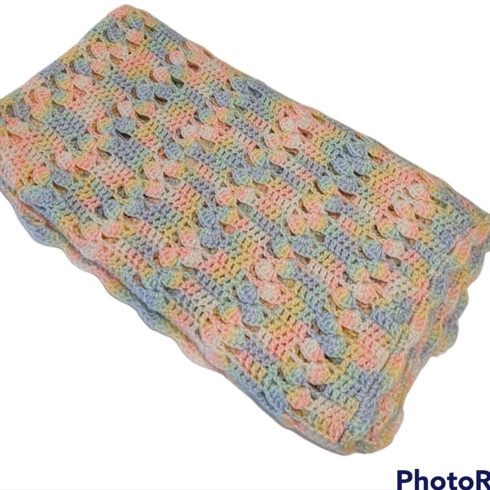 2/$20 Handmade Hand Knit Crochet Pastel Baby Blanket 36.5”x35.5”